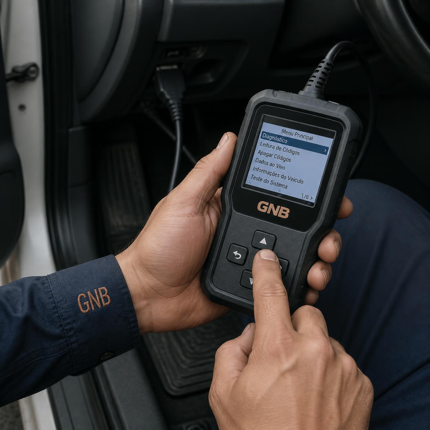 Técnico da GNB conectando scanner automotivo à porta OBD do veículo