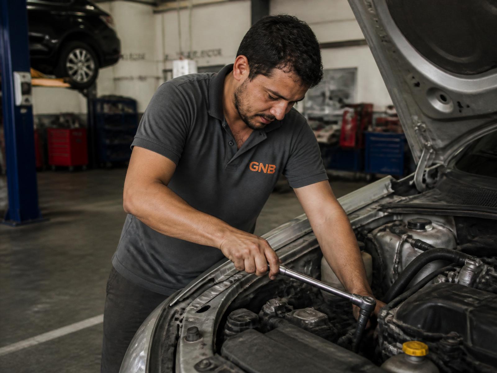Técnico da GNB inspecionando motor de SUV com capô aberto